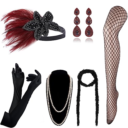 DRESHOW Damen 1920er Accessoires Set Flapper Kostüm Gatsby Feder Lange Halskette Handschuhe Stirnband Funkelnde Ohrringe von DRESHOW