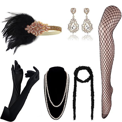 DRESHOW Damen 1920er Accessoires Set Flapper Kostüm Gatsby Feder Lange Halskette Handschuhe Stirnband Funkelnde Ohrringe von DRESHOW