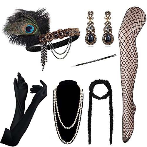 DRESHOW Damen 1920er Accessoires Set Flapper Kostüm Gatsby Feder Lange Halskette Handschuhe Stirnband Funkelnde Ohrringe von DRESHOW