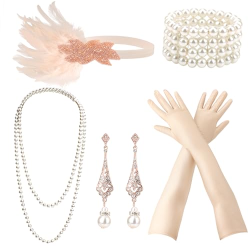 DRESHOW Damen 1920er Accessoires Set Flapper Kostüm Gatsby Feder Lange Halskette Handschuhe Stirnband Funkelnde Ohrringe DRESHOW Damen 1920er Accessoires Set Flapper Kostüm Gatsby Feder Lange Halskette Handschuhe Stirnband Funkelnde Ohrringe von DRESHOW