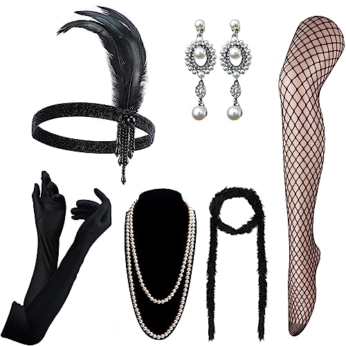 DRESHOW Damen 1920er Accessoires Set Flapper Kostüm Gatsby Feder Lange Halskette Handschuhe Stirnband Funkelnde Ohrringe von DRESHOW