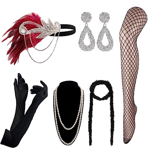 DRESHOW Damen 1920er Accessoires Set Flapper Kostüm Gatsby Feder Lange Halskette Handschuhe Stirnband Funkelnde Ohrringe von DRESHOW