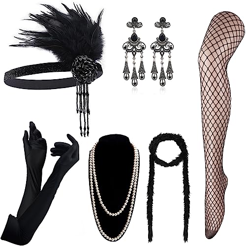 DRESHOW Damen 1920er Accessoires Set Flapper Kostüm Gatsby Feder Lange Halskette Handschuhe Stirnband Funkelnde Ohrringe von DRESHOW