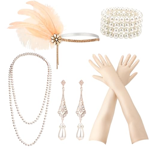 DRESHOW Damen 1920er Accessoires Set Flapper Kostüm Gatsby Feder Lange Halskette Handschuhe Stirnband Funkelnde Ohrringe von DRESHOW