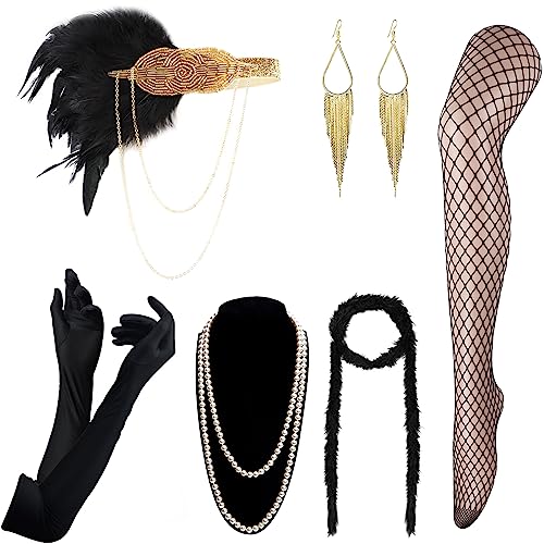 DRESHOW Damen 1920er Accessoires Set Flapper Kostüm Gatsby Feder Lange Halskette Handschuhe Stirnband Funkelnde Ohrringe von DRESHOW