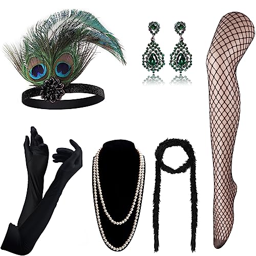 DRESHOW Damen 1920er Accessoires Set Flapper Kostüm Gatsby Feder Lange Halskette Handschuhe Stirnband Funkelnde Ohrringe von DRESHOW