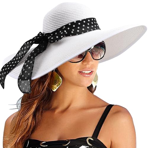 DRESHOW Damen Breit Krempe Strohhut Faltbar Schutz Strandhut Elegant Sommer Hut Sonnenhüte UPF 50+ von DRESHOW