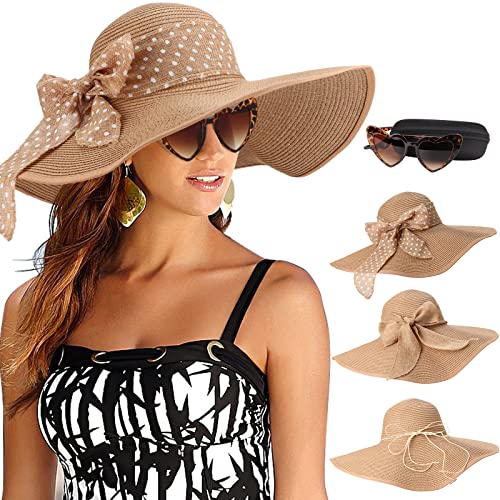 DRESHOW Damen Breit Krempe Strohhut Faltbar Schutz Strandhut Elegant Sommer Hut Sonnenhüte UPF 50+, Farbe: 1 Set Khaki (1 Hat+3 Bows+1 Glasses) von DRESHOW