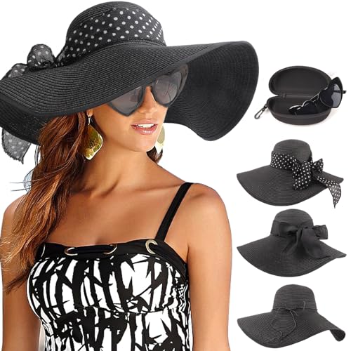 DRESHOW Damen Breit Krempe Strohhut Faltbar Schutz Strandhut Elegant Sommer Hut Sonnenhüte UPF 50+ von DRESHOW