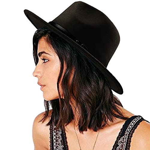 DRESHOW Damen Fedora Hut Filzhut Lederband Hüte Winter Mode Fedora Hut Mit Breiter Krempe Filzhut Outdoorhut von DRESHOW
