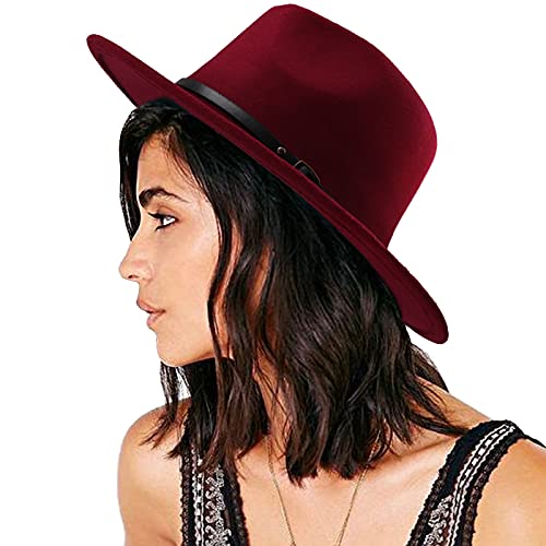 DRESHOW Damen Fedora Hut Filzhut Lederband Hüte Winter Mode Fedora Hut Mit Breiter Krempe Filzhut Outdoorhut von DRESHOW