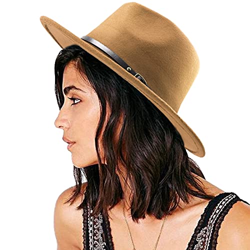 DRESHOW Damen Fedora Hut Filzhut Lederband Hüte Winter Mode Fedora Hut Mit Breiter Krempe Filzhut Outdoorhut von DRESHOW