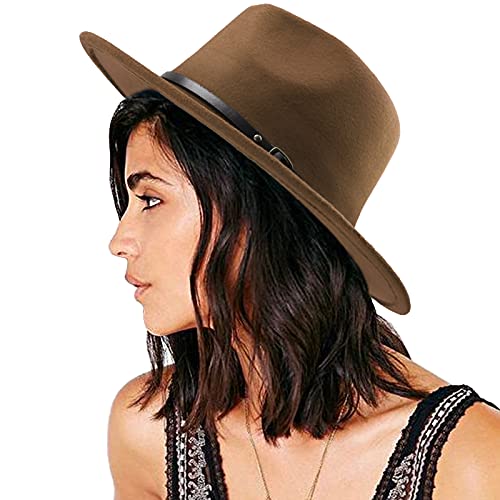 DRESHOW Damen Fedora Hut Filzhut Lederband Hüte Winter Mode Fedora Hut Mit Breiter Krempe Filzhut Outdoorhut von DRESHOW