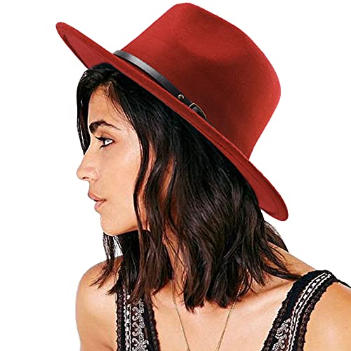 DRESHOW Damen Fedora Hut Filzhut Lederband Hüte Winter Mode Fedora Hut Mit Breiter Krempe Filzhut Outdoorhut von DRESHOW