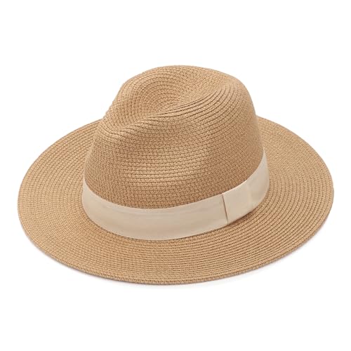 DRESHOW Damen Panama Hut Breiter Krempe Stroh Sommer Fedora Strohhut Panama Aufrollen Hut Strand Rollbar UV Sonnenhut UPF 50 + von DRESHOW