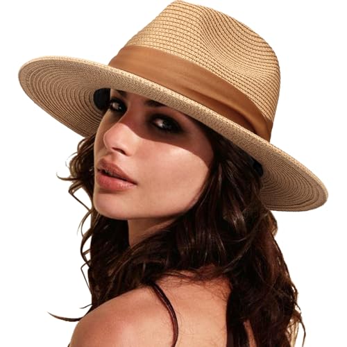 DRESHOW Damen Panama Hut Breiter Krempe Stroh Sommer Fedora Strohhut Panama Aufrollen Hut Strand Rollbar UV Sonnenhut UPF 50 + von DRESHOW