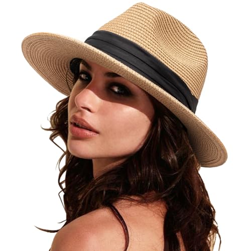 DRESHOW Damen Panama Hut Breiter Krempe Stroh Sommer Fedora Strohhut Panama Aufrollen Hut Strand Rollbar UV Sonnenhut UPF 50 + von DRESHOW
