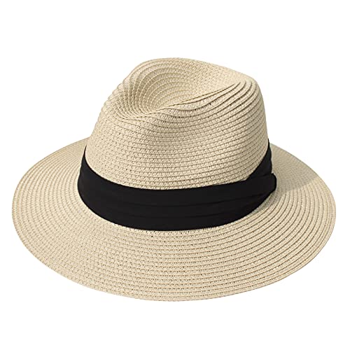 DRESHOW Damen Panama Hut Breiter Krempe Stroh Sommer Fedora Strohhut Panama Aufrollen Hut Strand Rollbar UV Sonnenhut UPF 50 + von DRESHOW