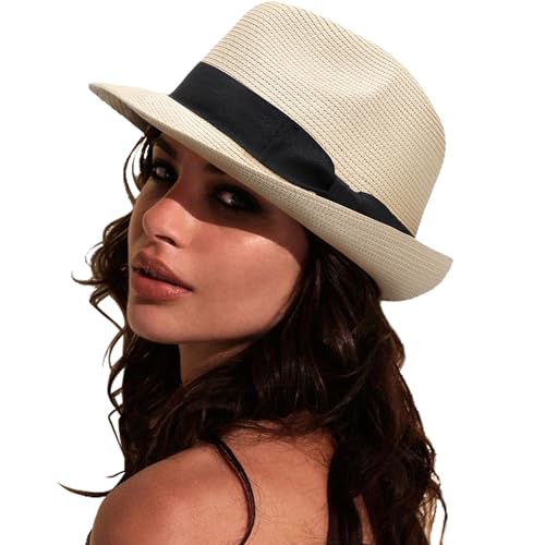 DRESHOW Damen Panama Hut Breiter Krempe Stroh Sommer Fedora Strohhut Panama Aufrollen Hut Strand Rollbar UV Sonnenhut UPF 50 + von DRESHOW