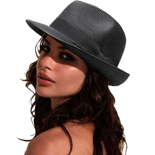 DRESHOW Damen Panama Hut Breiter Krempe Stroh Sommer Fedora Strohhut Panama Aufrollen Hut Strand Rollbar UV Sonnenhut UPF 50 + DRESHOW Damen Panama Hut Breiter Krempe Stroh Sommer Fedora Strohhut Panama Aufrollen Hut Strand Rollbar UV Sonnenhut UPF 50 + von DRESHOW