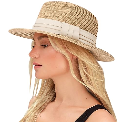 DRESHOW Damen Panama Hut Breiter Krempe Stroh Sommer Fedora Strohhut Panama Aufrollen Hut Strand Rollbar UV Sonnenhut UPF 50 + von DRESHOW