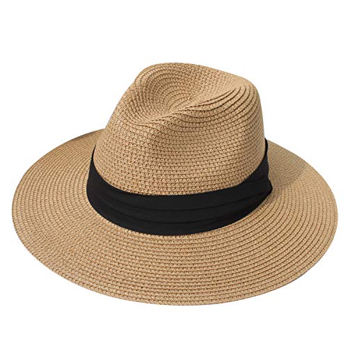 DRESHOW Damen Panama Hut Breiter Krempe Stroh Sommer Fedora Strohhut Panama Aufrollen Hut Strand Rollbar UV Sonnenhut UPF 50 + von DRESHOW