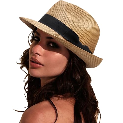 DRESHOW Damen Panama Hut Breiter Krempe Stroh Sommer Fedora Strohhut Panama Aufrollen Hut Strand Rollbar UV Sonnenhut UPF 50 + DRESHOW Damen Panama Hut Breiter Krempe Stroh Sommer Fedora Strohhut Panama Aufrollen Hut Strand Rollbar UV Sonnenhut UPF 50 + von DRESHOW
