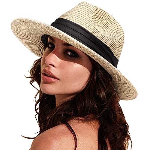 DRESHOW Damen Panama Hut Breiter Krempe Stroh Sommer Fedora Strohhut Panama Aufrollen Hut Strand Rollbar UV Sonnenhut UPF 50 + von DRESHOW