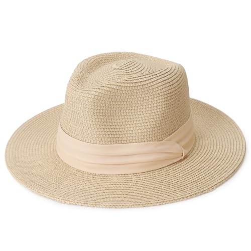 DRESHOW Damen Panama Hut Breiter Krempe Stroh Sommer Fedora Strohhut Panama Aufrollen Hut Strand Rollbar UV Sonnenhut UPF 50 + von DRESHOW