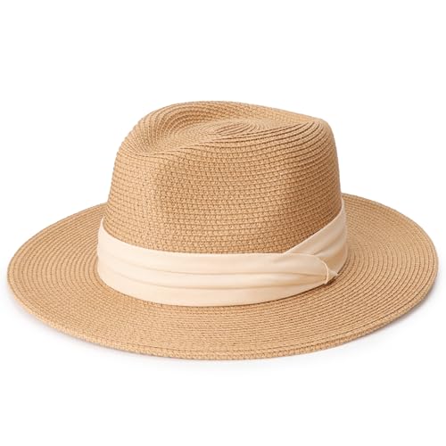 DRESHOW Damen Panama Hut Breiter Krempe Stroh Sommer Fedora Strohhut Panama Aufrollen Hut Strand Rollbar UV Sonnenhut UPF 50 + von DRESHOW