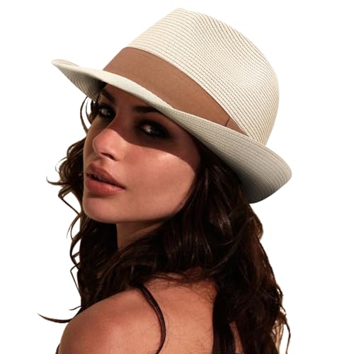 DRESHOW Damen Panama Hut Breiter Krempe Stroh Sommer Fedora Strohhut Panama Aufrollen Hut Strand Rollbar UV Sonnenhut UPF 50 + von DRESHOW