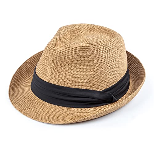 DRESHOW Damen Panama Hut Breiter Krempe Stroh Sommer Fedora Strohhut Panama Aufrollen Hut Strand Rollbar UV Sonnenhut UPF 50 + von DRESHOW