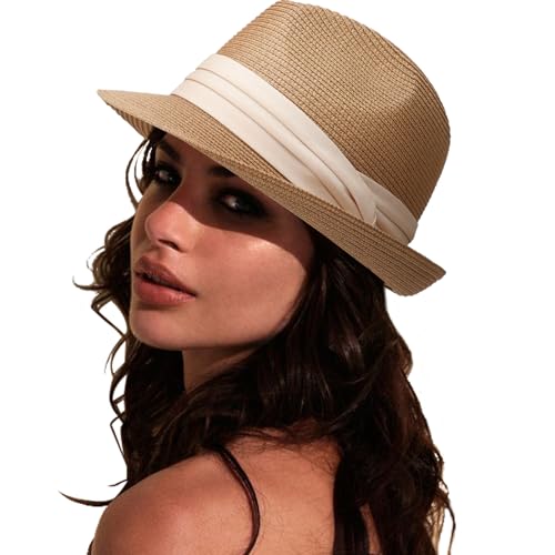 DRESHOW Damen Panama Hut Breiter Krempe Stroh Sommer Fedora Strohhut Panama Aufrollen Hut Strand Rollbar UV Sonnenhut UPF 50 + von DRESHOW