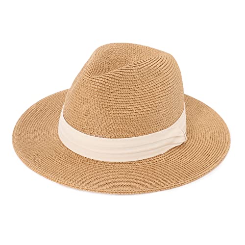 DRESHOW Damen Panama Hut Fedora Strand Sonnenhut Breiter Rand Stroh Aufrollen Hut UPF 50+ von DRESHOW