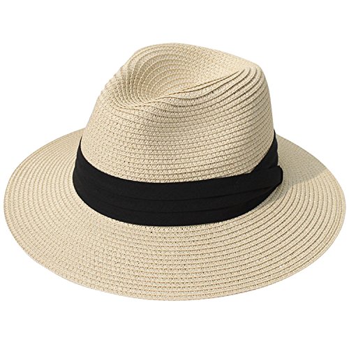 DRESHOW Damen Panama Hut Fedora Strand Sonnenhut Breiter Rand Stroh Aufrollen Hut UPF 50+ von DRESHOW