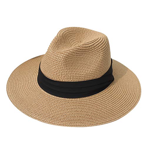 DRESHOW Damen Panama Hut Fedora Strand Sonnenhut Breiter Rand Stroh Aufrollen Hut UPF 50+ von DRESHOW