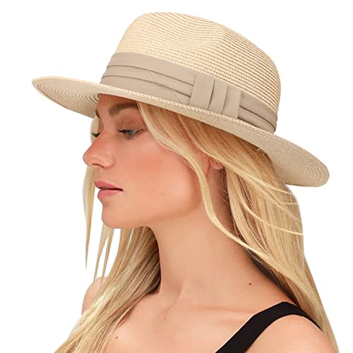 DRESHOW Damen Panama Hut Fedora Strand Sonnenhut Breiter Rand Stroh Aufrollen Hut UPF 50+ von DRESHOW