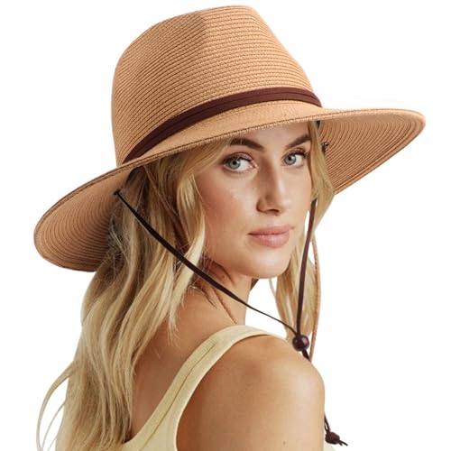 DRESHOW Damen Panama Hut Sommer Breiter Krempe Stroh Fedora Sommerhut Strandhut UV Sonnenhut mit Kinnriemen Verstellbare Strohhut UPF 50 + von DRESHOW