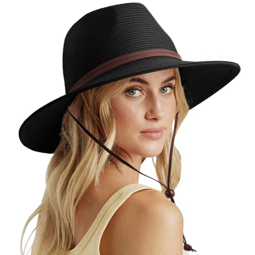 DRESHOW Damen Panama Hut Sommer Breiter Krempe Stroh Fedora Sommerhut Strandhut UV Sonnenhut mit Kinnriemen Verstellbare Strohhut UPF 50 + von DRESHOW