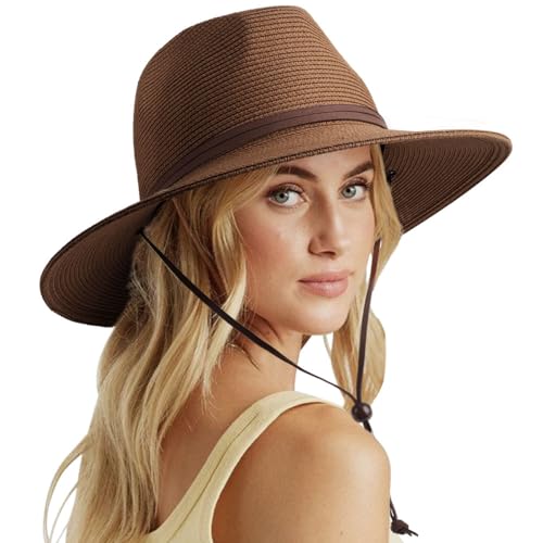 DRESHOW Damen Panama Hut Sommer Breiter Krempe Stroh Fedora Sommerhut Strandhut UV Sonnenhut mit Kinnriemen Verstellbare Strohhut UPF 50 + von DRESHOW