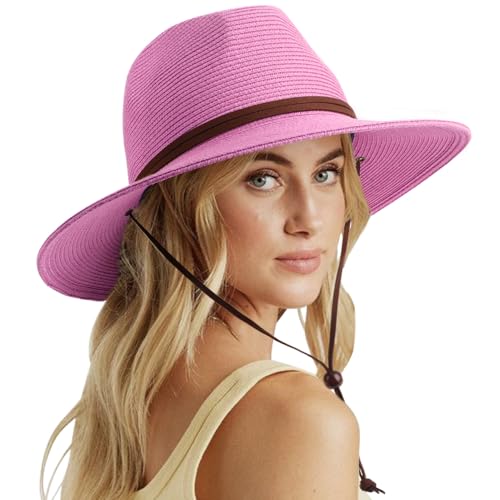 DRESHOW Damen Panama Hut Sommer Breiter Krempe Stroh Fedora Sommerhut Strandhut UV Sonnenhut mit Kinnriemen Verstellbare Strohhut UPF 50 + von DRESHOW