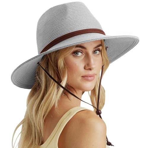 DRESHOW Damen Panama Hut Sommer Breiter Krempe Stroh Fedora Sommerhut Strandhut UV Sonnenhut mit Kinnriemen Verstellbare Strohhut UPF 50 + von DRESHOW