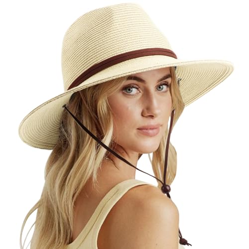 DRESHOW Damen Panama Hut Sommer Breiter Krempe Stroh Fedora Sommerhut Strandhut UV Sonnenhut mit Kinnriemen Verstellbare Strohhut UPF 50 + von DRESHOW