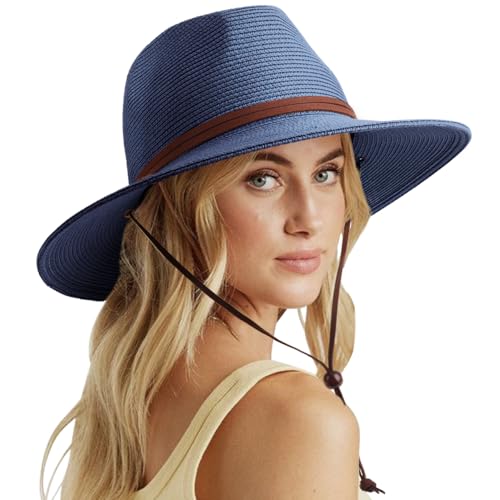 DRESHOW Damen Panama Hut Sommer Breiter Krempe Stroh Fedora Sommerhut Strandhut UV Sonnenhut mit Kinnriemen Verstellbare Strohhut UPF 50 + von DRESHOW