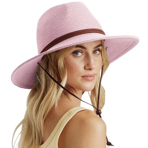 DRESHOW Damen Panama Hut Sommer Breiter Krempe Stroh Fedora Sommerhut Strandhut UV Sonnenhut mit Kinnriemen Verstellbare Strohhut UPF 50 + von DRESHOW