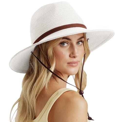 DRESHOW Damen Panama Hut Sommer Breiter Krempe Stroh Fedora Sommerhut Strandhut UV Sonnenhut mit Kinnriemen Verstellbare Strohhut UPF 50 + von DRESHOW