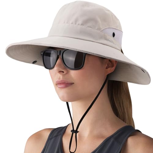 DRESHOW Damen Sonnenhut Outdoor UV-Schutz Hut Faltbar Mesh Breite Krempe Angeln Pferdeschwanz Strand Eimer Hüte mit Sonnenbrille von DRESHOW