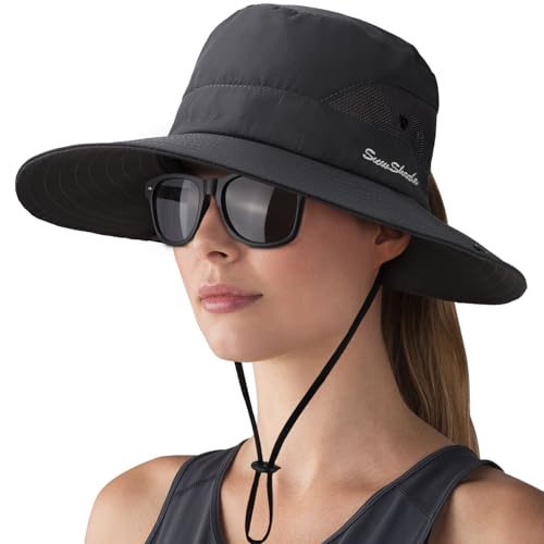 DRESHOW Damen Sonnenhut Outdoor UV-Schutz Hut Faltbar Mesh Breite Krempe Angeln Pferdeschwanz Strand Eimer Hüte mit Sonnenbrille von DRESHOW