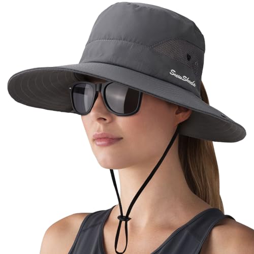 DRESHOW Damen Sonnenhut Outdoor UV-Schutz Hut Faltbar Mesh Breite Krempe Angeln Pferdeschwanz Strand Eimer Hüte mit Sonnenbrille von DRESHOW