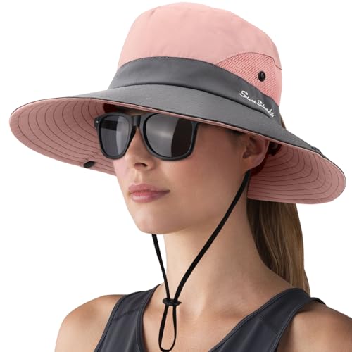DRESHOW Damen Sonnenhut Outdoor UV-Schutz Hut Faltbar Mesh Breite Krempe Angeln Pferdeschwanz Strand Eimer Hüte mit Sonnenbrille von DRESHOW